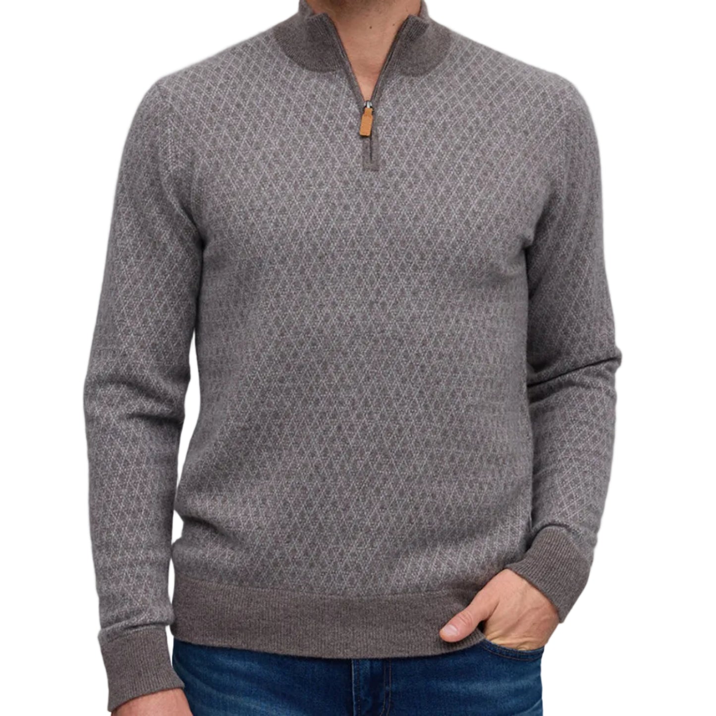 Raffi Cashmere Jacquard Zip Mock (Acorn)