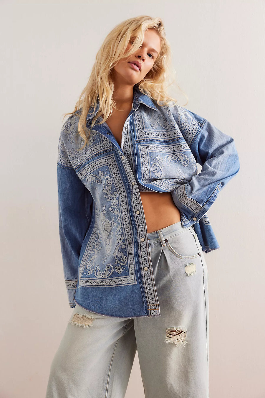 LACE EMBROIDERED DENIM SHIRT