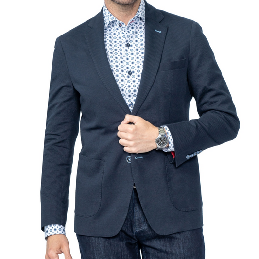 Meridian Navy Stretch Seersucker Blazer