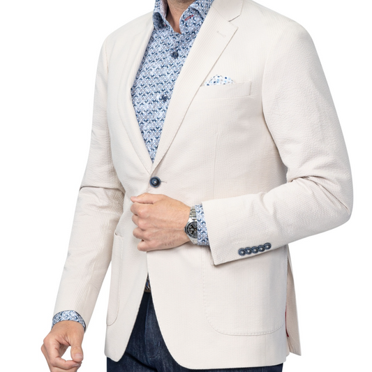 Meridian Beige Stretch Seersucker Blazer