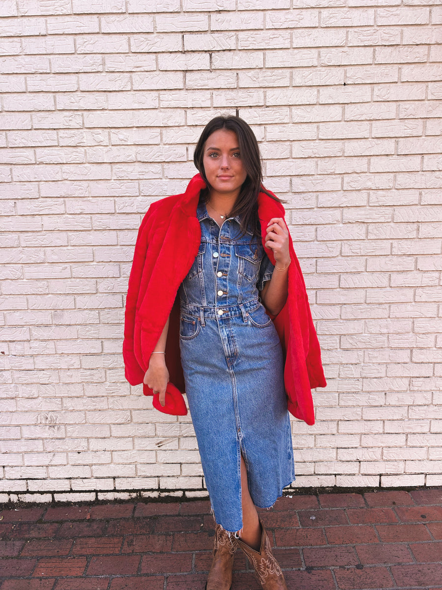 RED FAUX FUR COAT