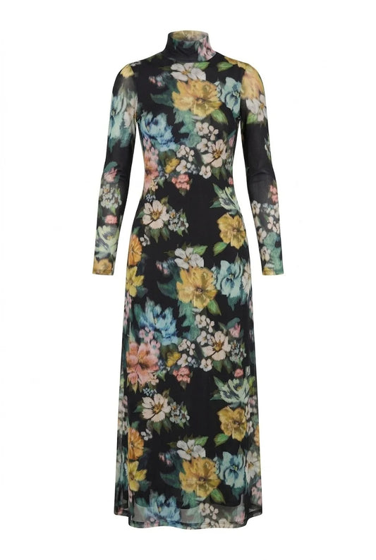KNIT TURTLENECK DRESS GREEN FLORAL