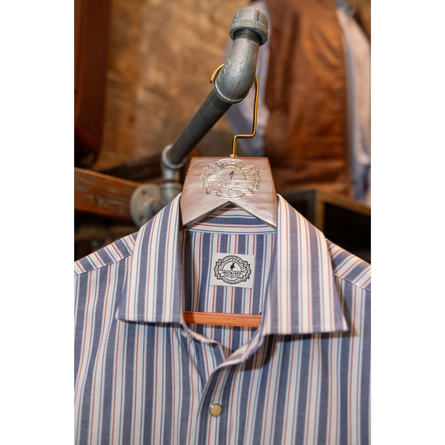 Buck Off SS Pearl Snap Shirt (Red/Navy Oxford Stripe)