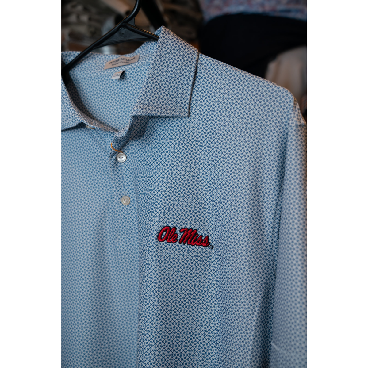 Ole Miss Rambla Performance Jersey Polo (White/Cottage Blue)