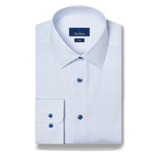 White & Blue Micro Geometric Print Stretch Dress Shirt
