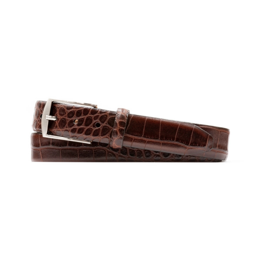 William 2 Buckle Alligator Grain Italian Calf Leather Belt (Brown)