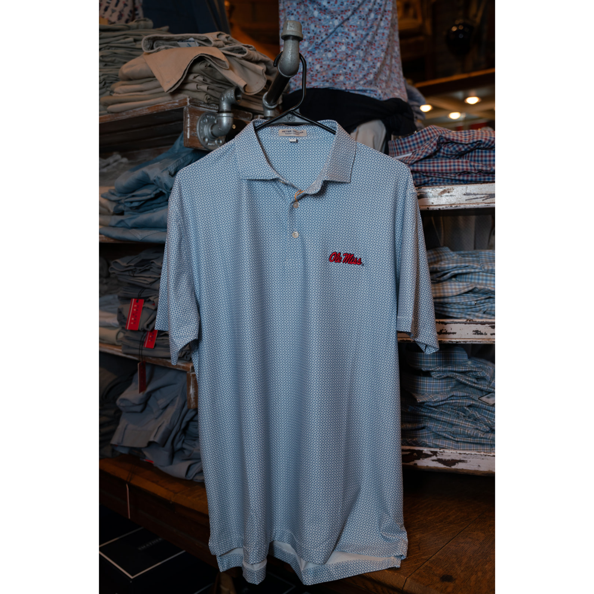 Ole Miss Rambla Performance Jersey Polo (White/Cottage Blue)