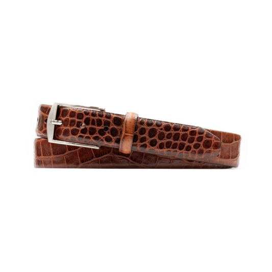 William 2 Buckle Alligator Grain Italian Calf Leather Belt (Chestnut)