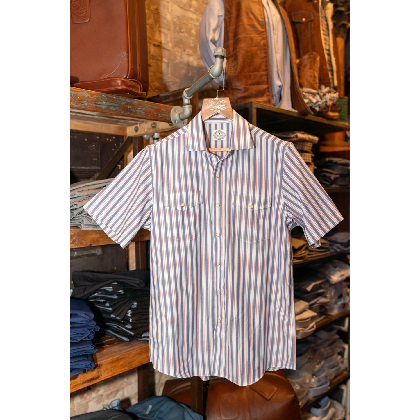 Buck Off SS Pearl Snap Shirt (Red/Navy Oxford Stripe)