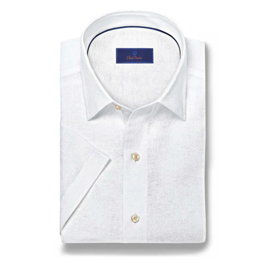 White Paisley Linen Blend Short Sleeve Shirt