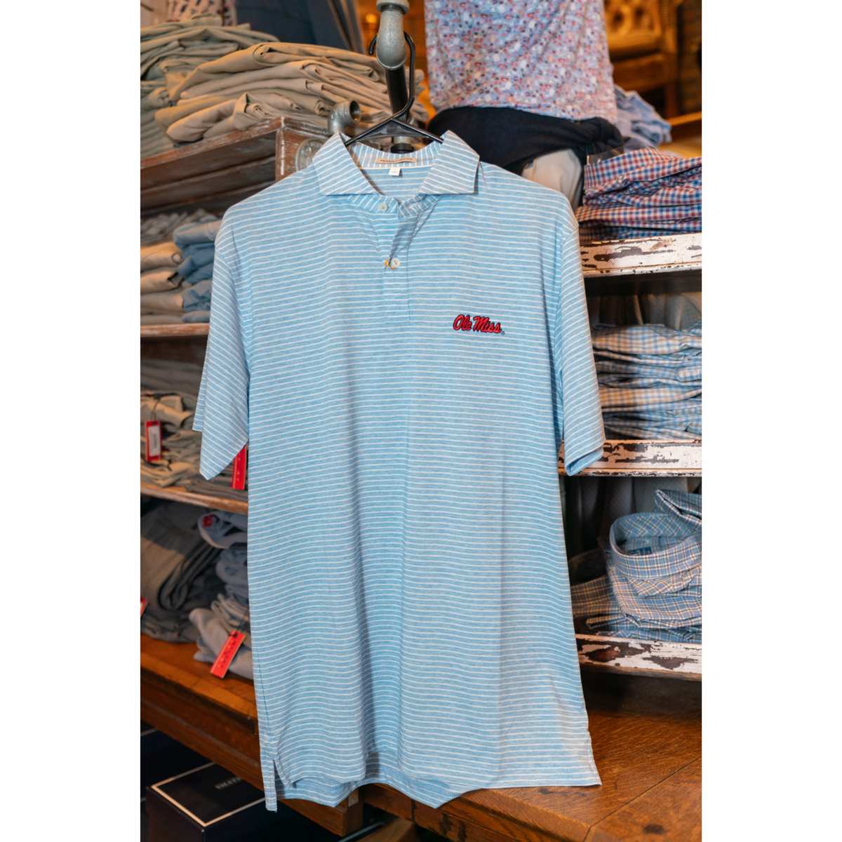 Ole Miss Etc Stripe Performance Jersey Polo (Cottage Blue)