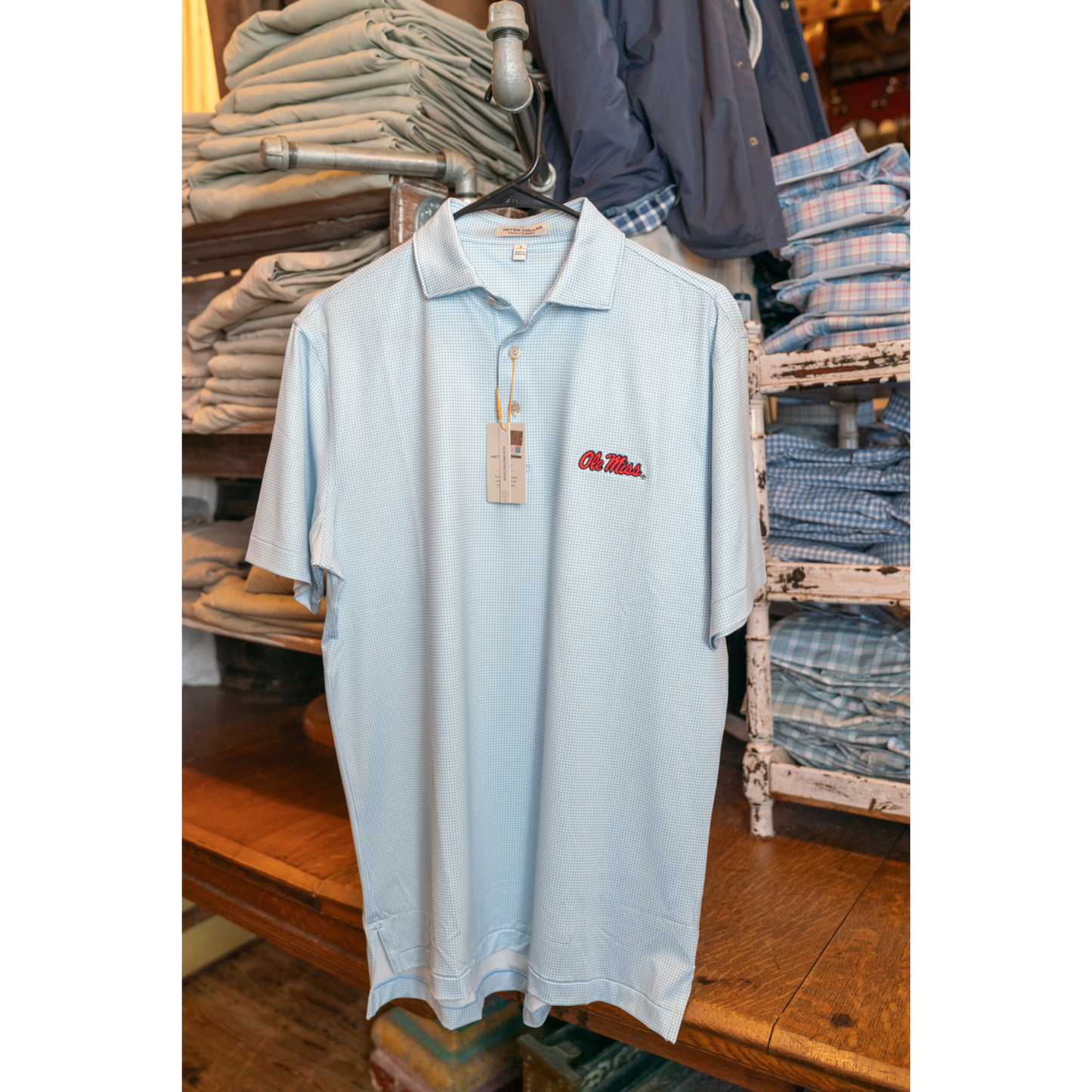 Ole Miss Gingham Performance Jersey Polo (Cottage Blue)