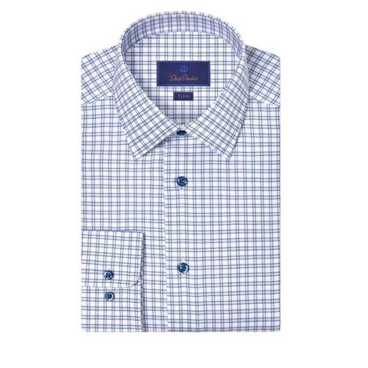 White & Blue Windowpane Check Dress Shirt