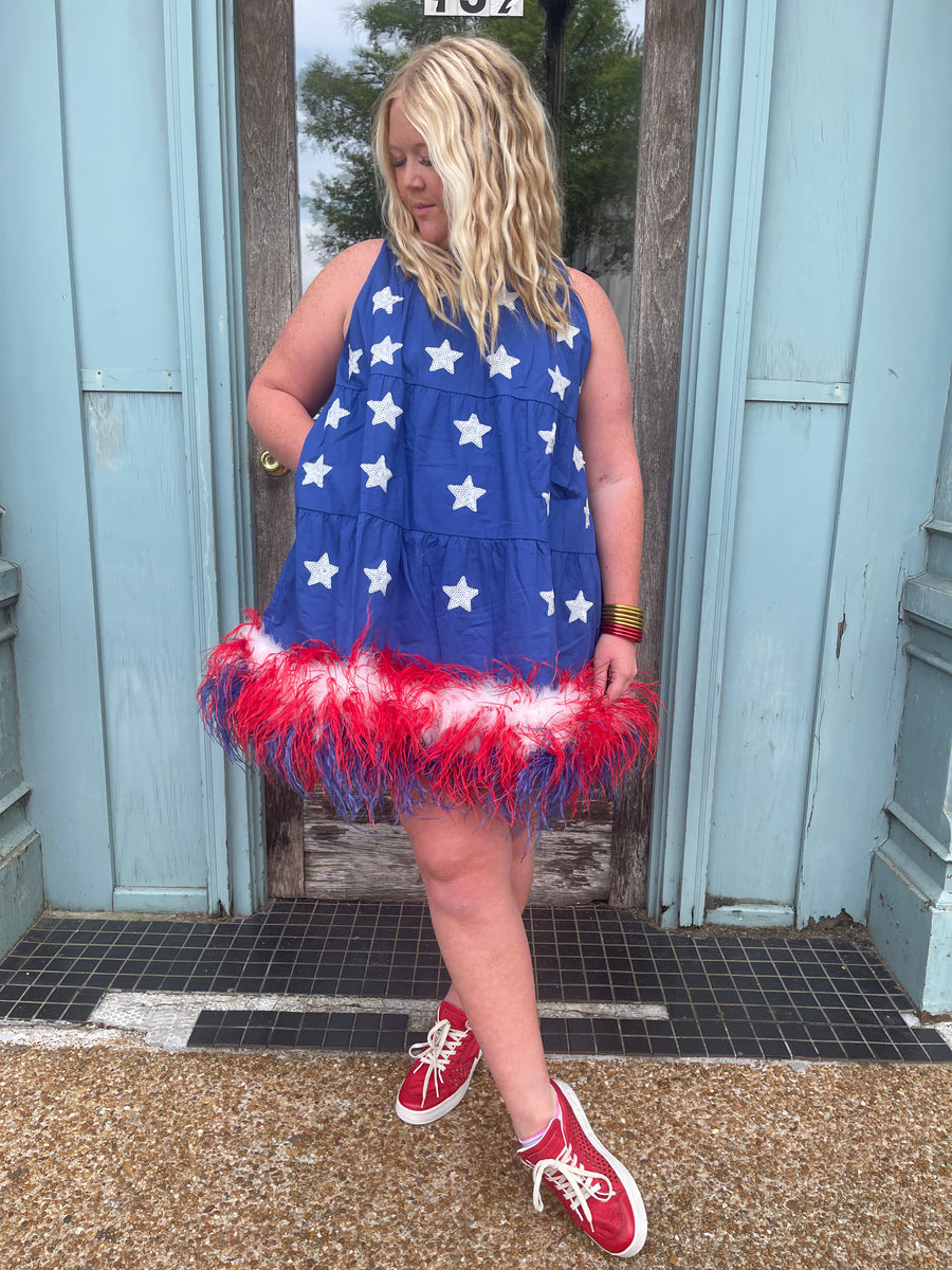 BLUE STAR FEATHER TANK DRESS