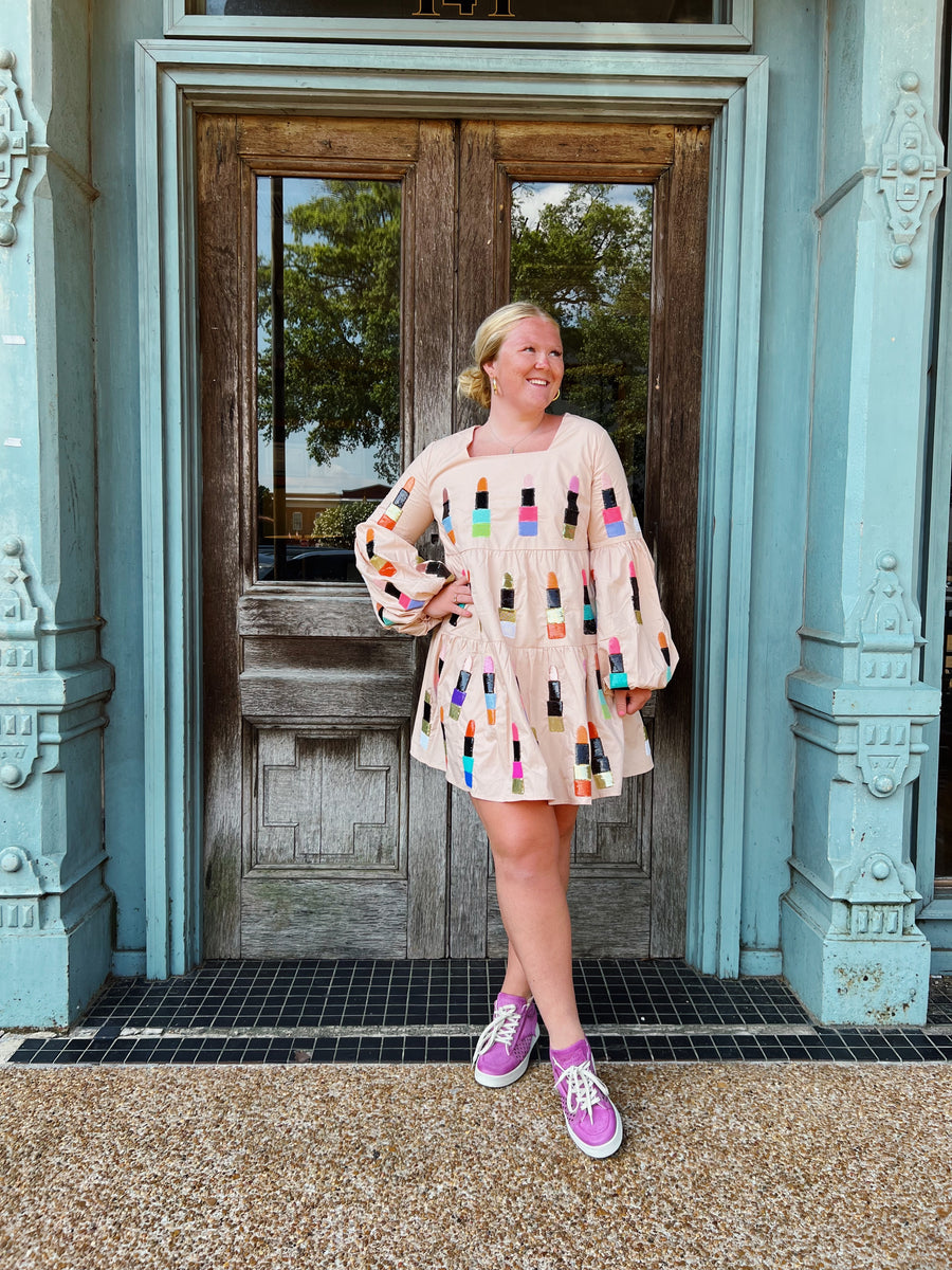 BEIGE RAINBOW LIPSTICK DRESS