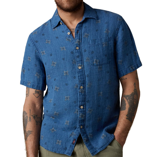 Short-Sleeve Palma Linen Shirt (Indigo Water Lilies)