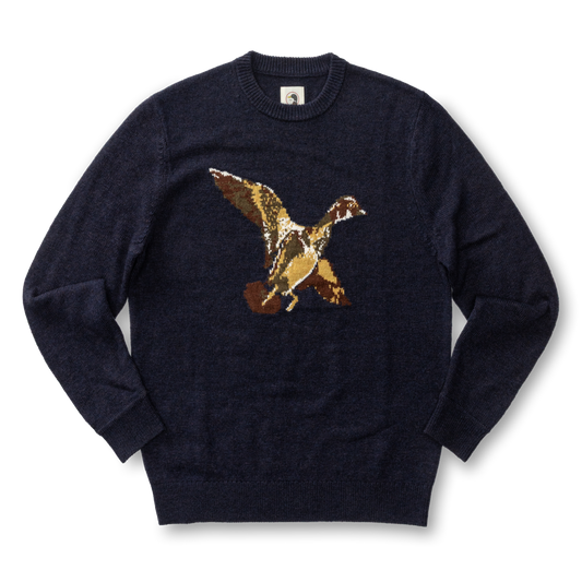 Flying Wood Duck Intarsia Crewneck Sweater (Deep Navy Heather)